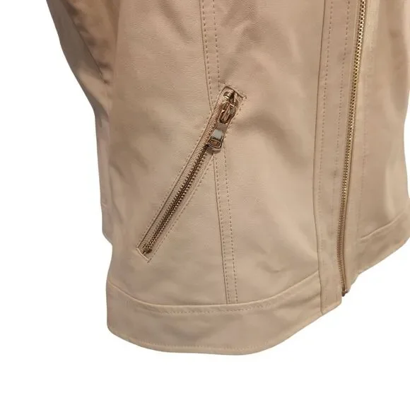 Chico's Faux Leather Blazer Jacket Size 1 Medium Ivory Cream Zip Lace Sleeves - Picture 2 of 10